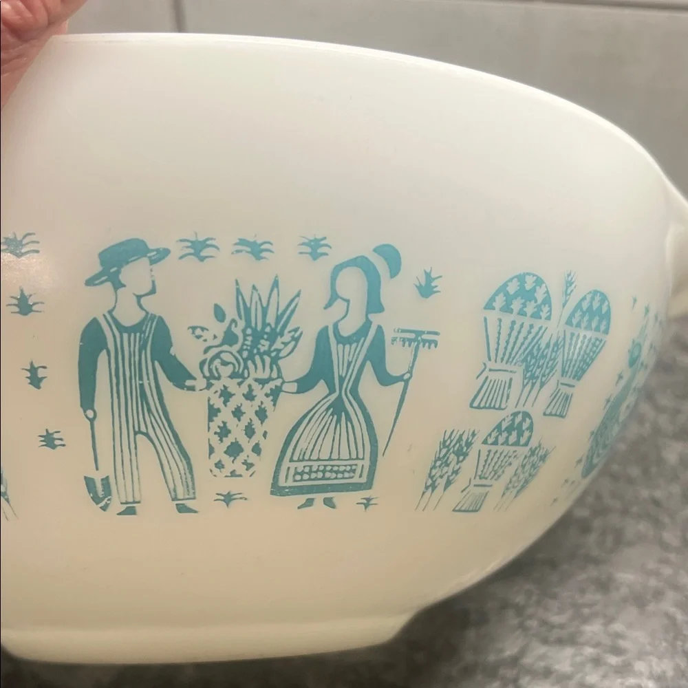 Vintage White Butterprint Pyrex Cinderella Mixing Bowl w/Blue Folk Art Design